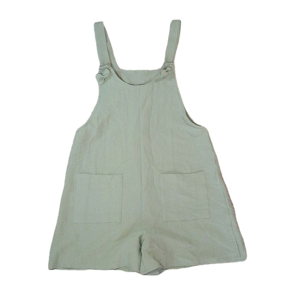 SAGE GREEN TEXTURED SHORT OVERALLS ROMPER WOMEN'S MEDIUM 6 POCKETS CASUAL BOHO